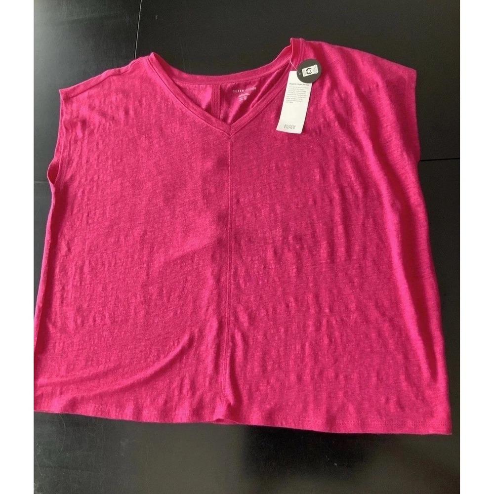 Eileen Fisher Oversized XS Organic Linen Jersey Tee Fuschia Pink V-Neck Boxy